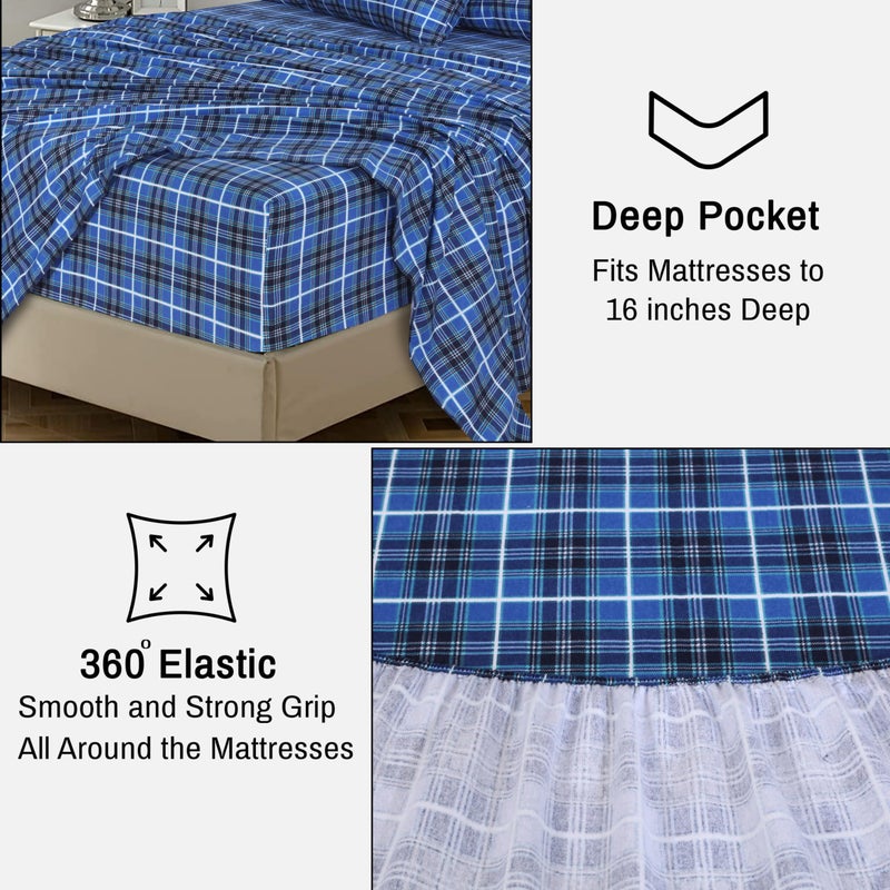 RUVANTI Flannel Sheets Queen Size - 100% Cotton Double Brushed Bed Sheets, Deep Pockets 16 Inches Queen Sheet Set, All Seasons Breathable & Extra Soft - Warm & Cozy, 4 Piece, Blue Plaid - Image 5